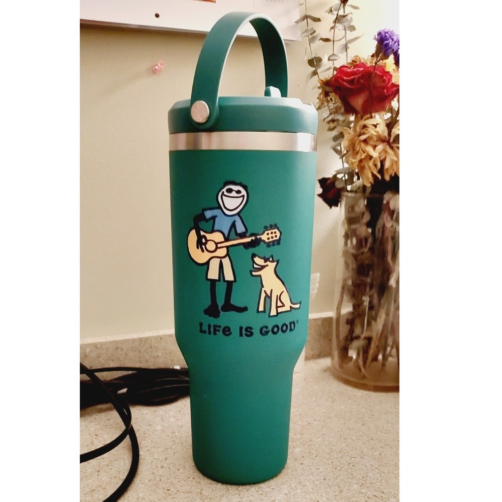 Life is Good Tumbler Unisex 40oz Teal Green Jake Guitar Dog Insulated Mug